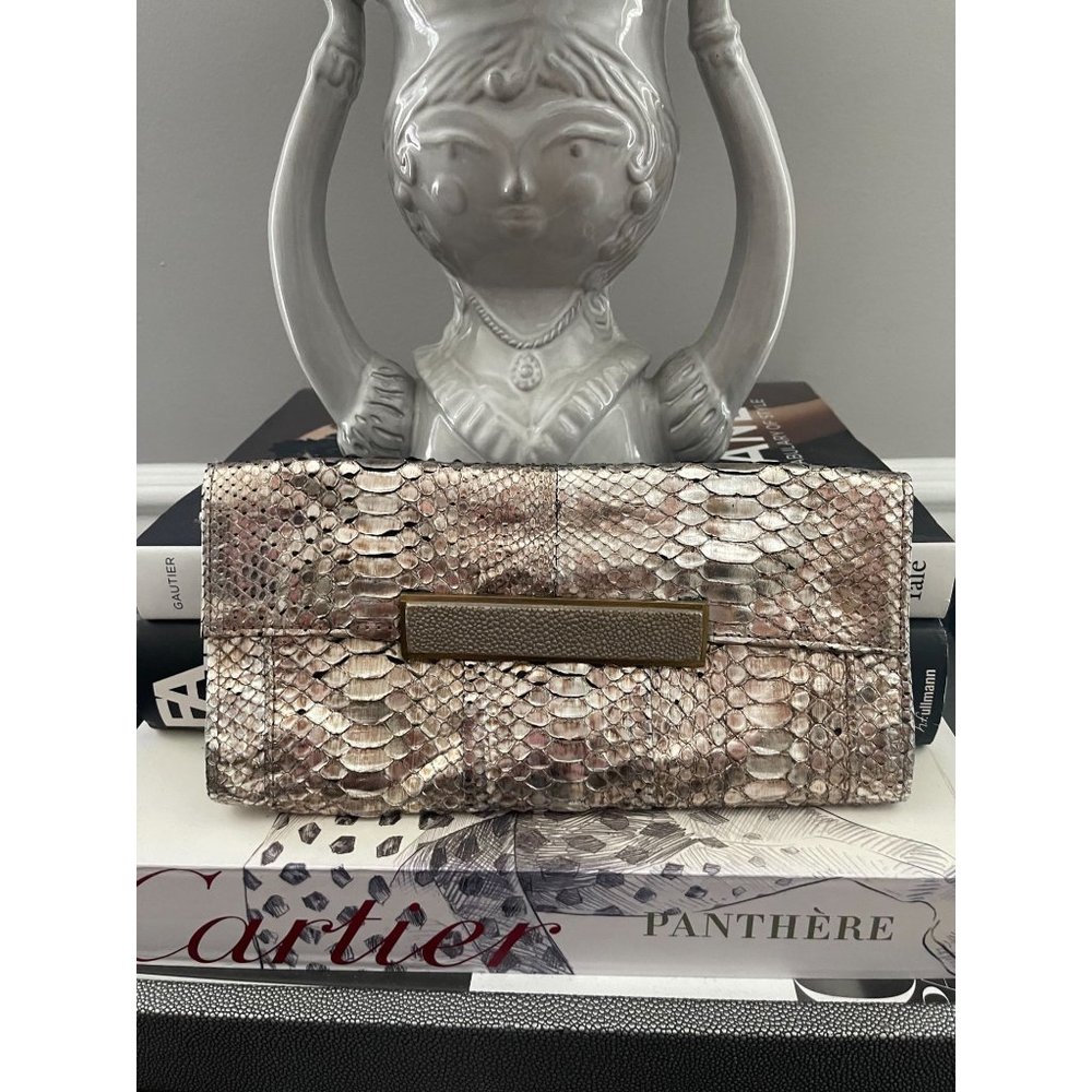 R&Y AUGOUSTI Metallic Python Snake Stingray Leather Clutch Bag